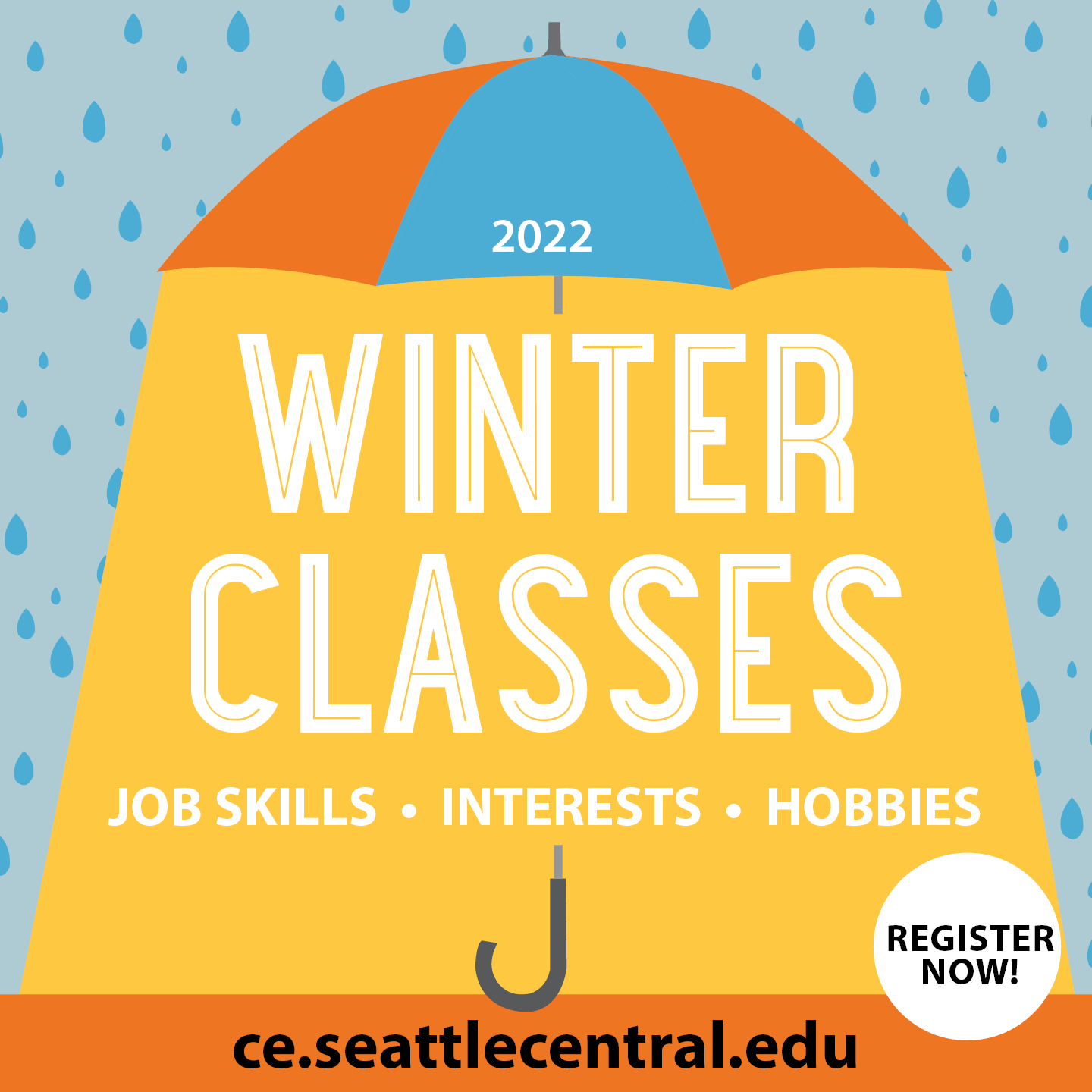 Winter Classes 2022 - square image with umbrella - Continuing Education at Seattle Central College