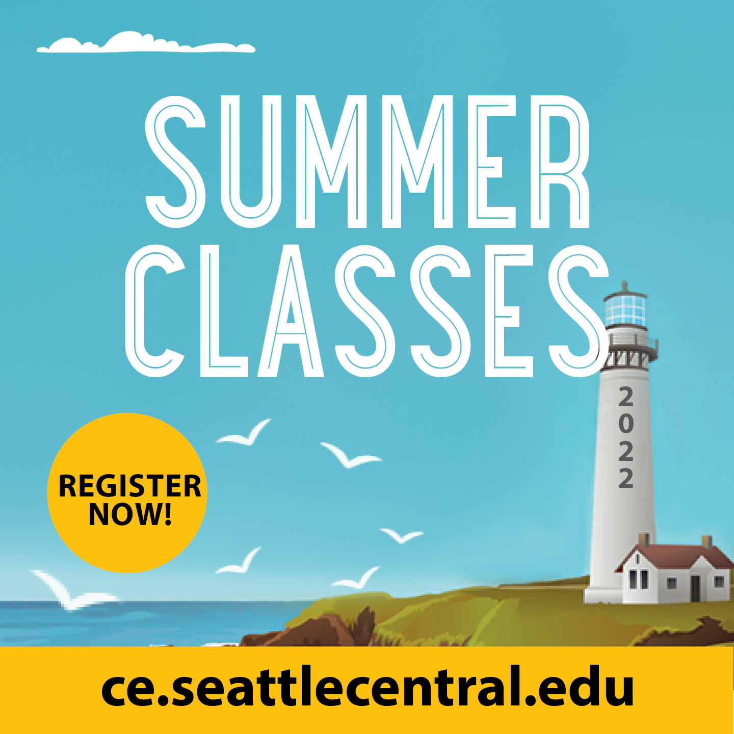 Summer Classes 2022 square image with lighthouse, sea and seagulls - Continuing Education at Seattle Central College