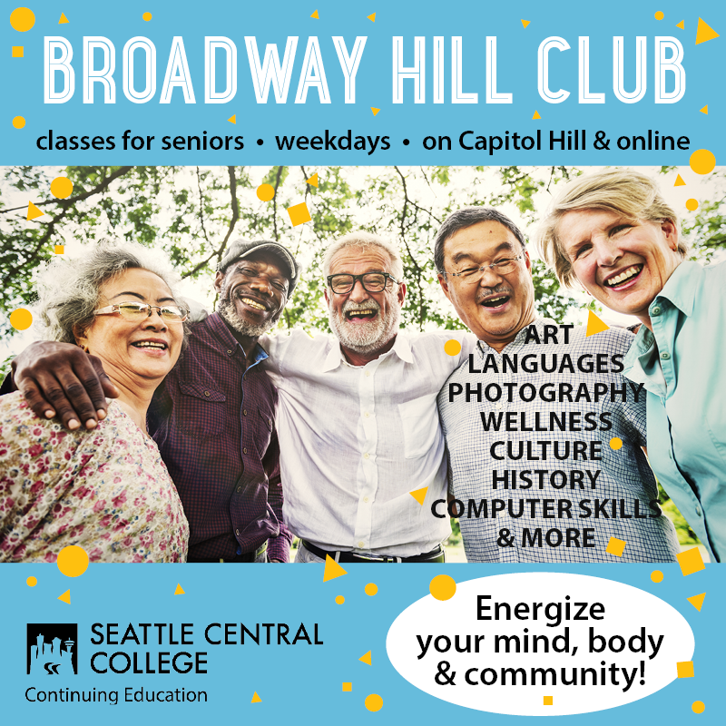 Broadway Hill Club blog post image -- group of 5 seniors smiling with arms around each other -- Continuing Education at Seattle 