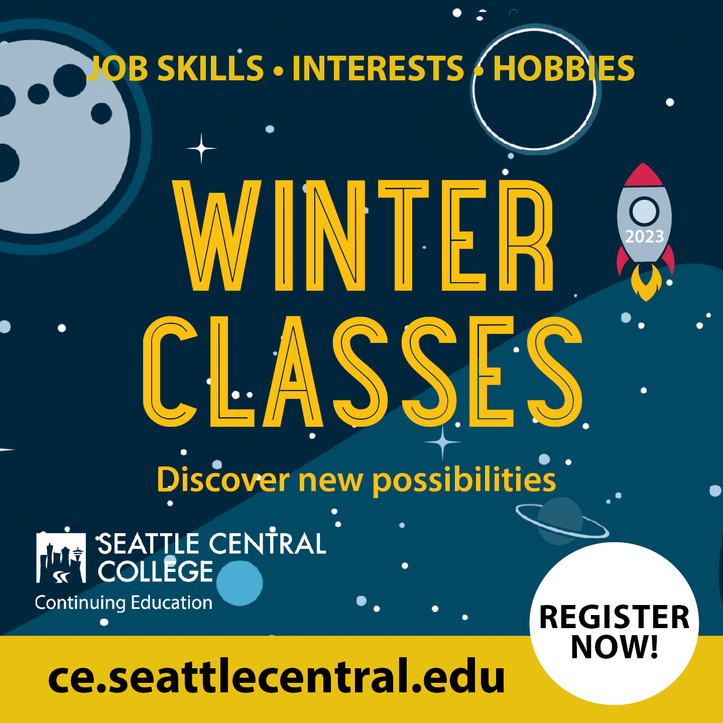 Winter Classes 2023 square image of space scene with moon, stars and spaceship - ce.seattlecentral.edu - - Continuing Education at Seattle Central College