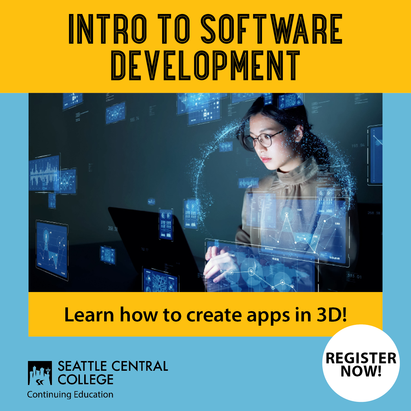 Into to Software Development image of woman looking at computer with digital images floating in space - Continuing Education at Seattle Central College 