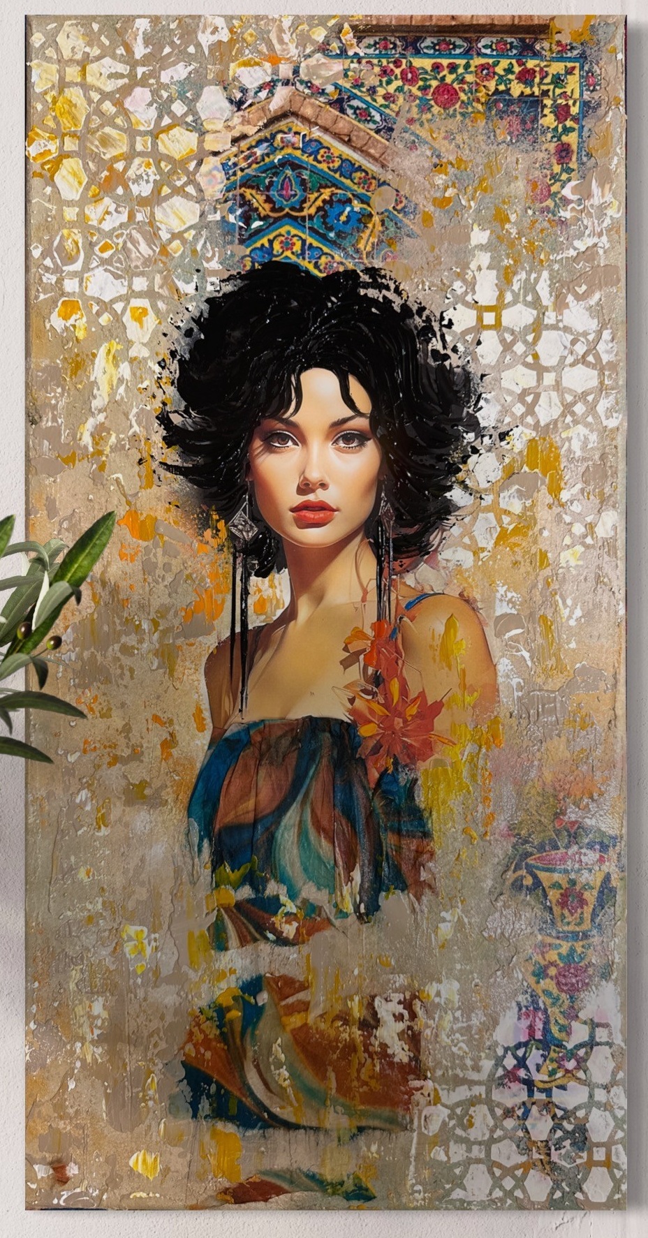 Mixed media art on canvas, image of woman's torso with short dark wavy hair, light skin, sun dress, with light colored patterns and textures in background and overlaid 