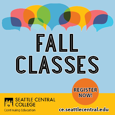 Fall Classes on light blue background with "Register now!" lower right on orange background, colorful talk bubbles across top. 