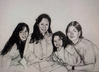 Drawing of family portrait with woman in center with dark shoulder length hair flanked by three children leaning in. 