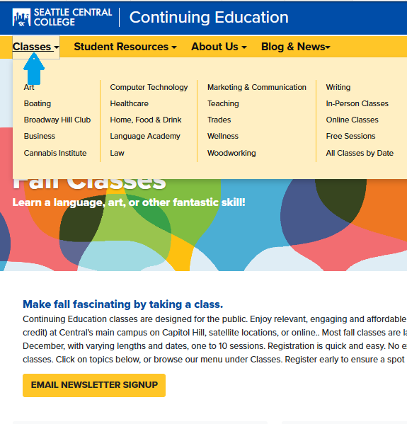 Screenshot of home page with main navigation featured showing "Classes" tab open and subcategories, with blue arrow pointing at Classes.