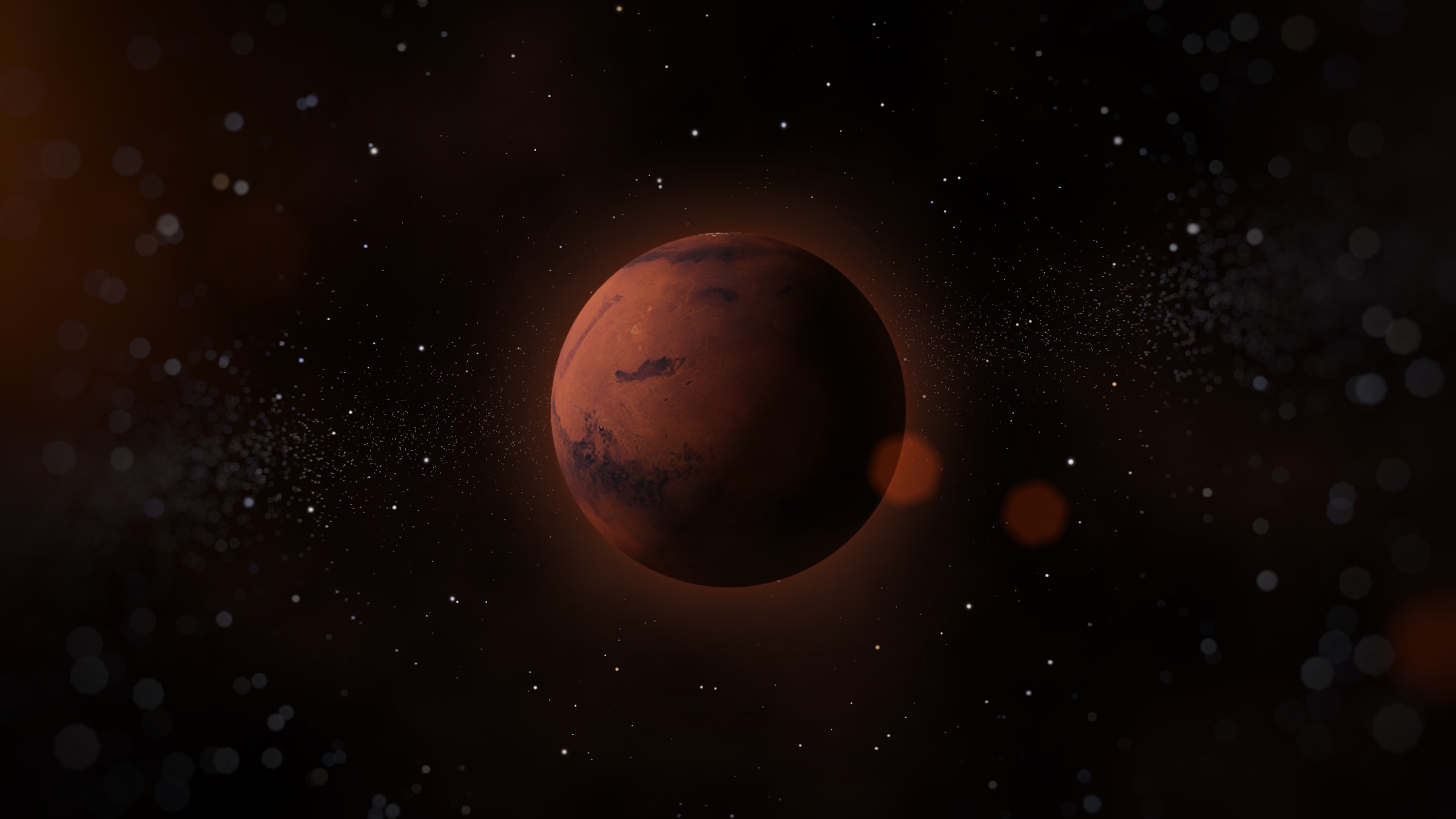 A reddish, cratered planet glows softly from the left in a dark starry sky, with a smaller celestial body nearby and faint stars in the background. 