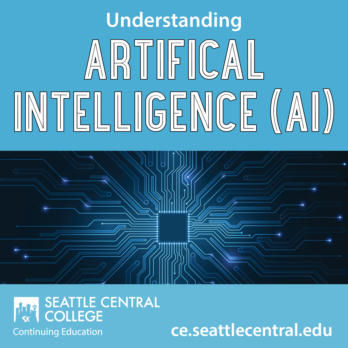 Understanding Artificial Intelligence (AI) with image of motherboard in the center, logo bottom left, and bottom right is ce.seattlecentral.edu. 