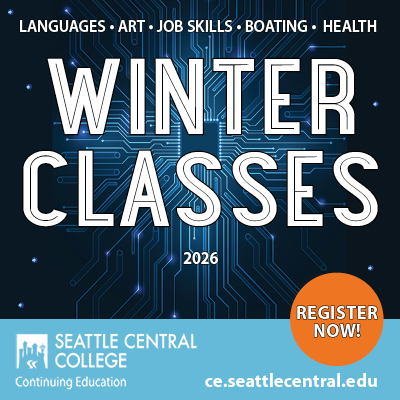 Winter Classes in center on dark blue background, across the top says "Languages, Art, Job Skills, Boating, Health" and lower right says "Register now!" on orange circle.