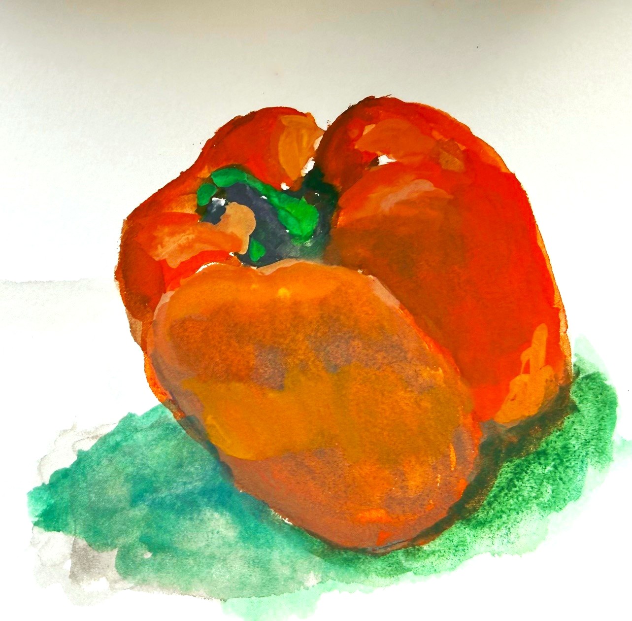 Painting of red pepper on green shadow with green stem. 