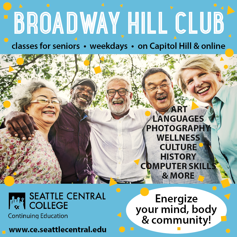 Broadway Hill Club  classes for seniors - weekdays - on Capitol Hill & online - photo in center of older adults of different skin tones and genders smiling with arms around each others' shoulders with "Energize your mind, body & community!"