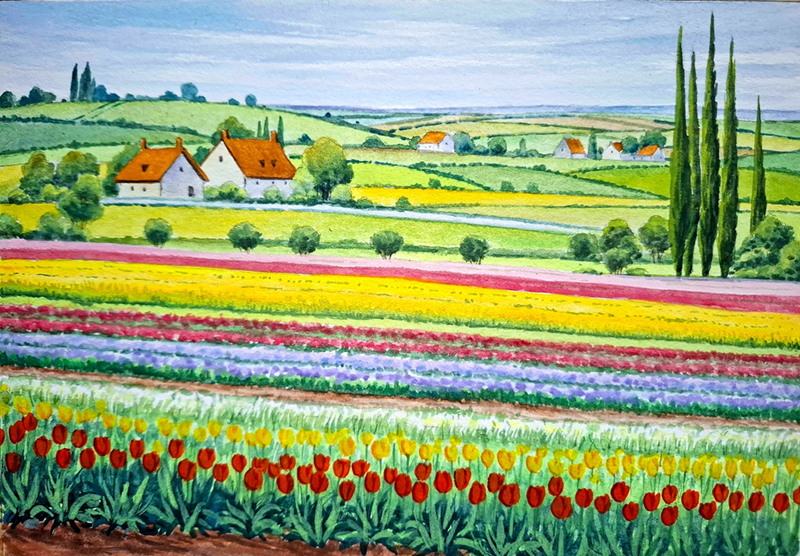 Painting of colorful countryside landscape with tulips in the foreground and hills and houses in the background.