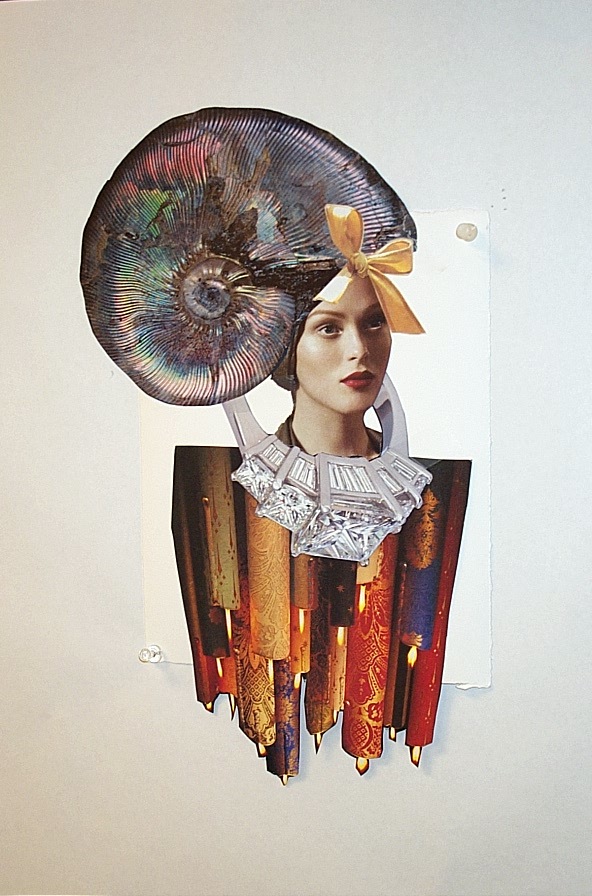 Collage of a female face with a shell headdress and candles for the body. 