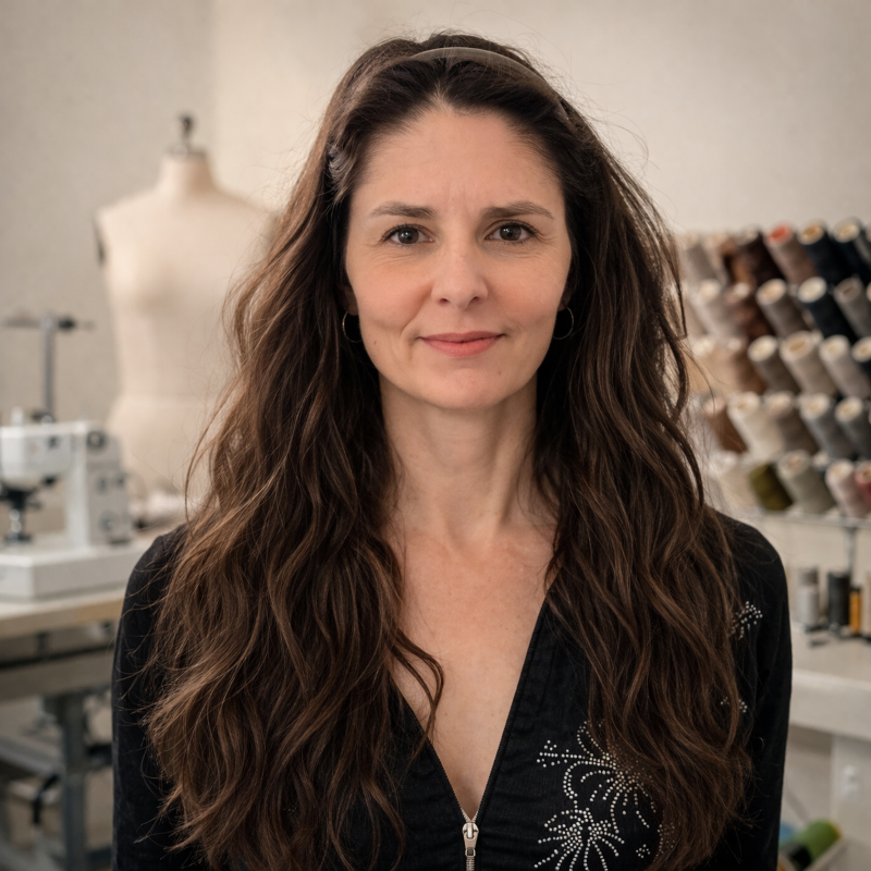 Headshot of Instructor Heather Zager, a light skinned woman with long dark hair in sewing studio. 