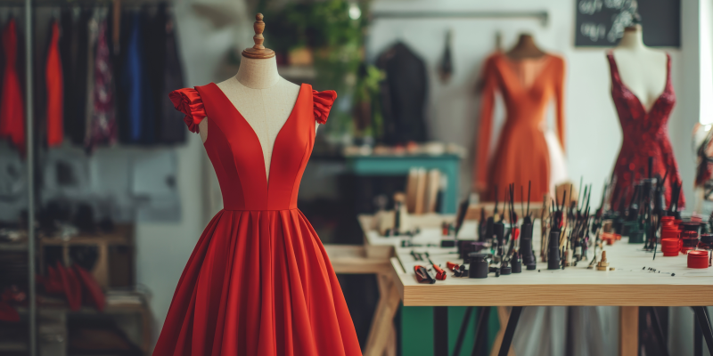 Red dress is displayed on a dressmaker's form in a tailor's shop.