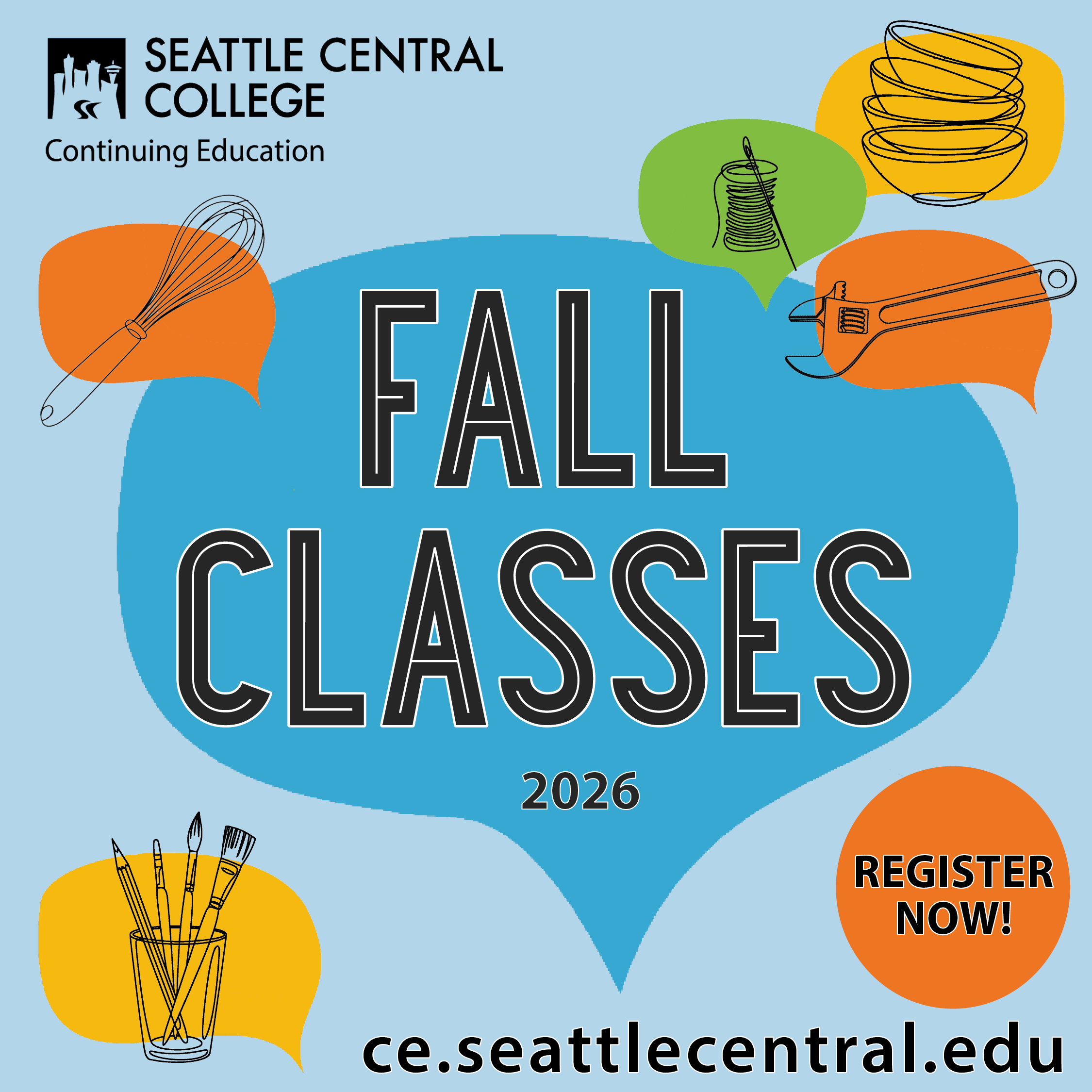 Fall Classes 2026 on blue talk bubble with illustrations around perimeter such as jar of paint brushes and pencil, a whisk, needle and thread, bowls, and wrench.