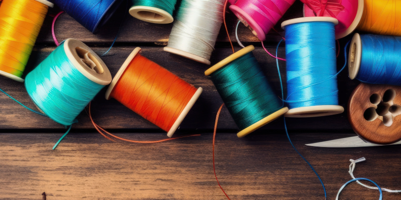 Colorful spools of threads on wood table with button on the right. 