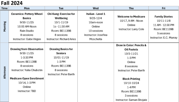 Broadway Hill Club Calendar Fall 2024