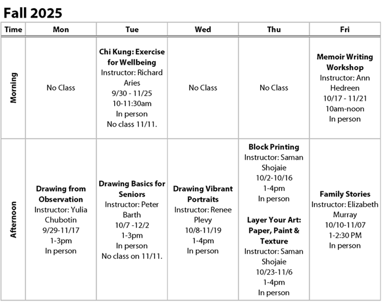 Fall 2025 calendar of with 5 columns for days Mon thru Fri with classes listed in  rows of morning and afternoon classes for Broadway Hill Club.