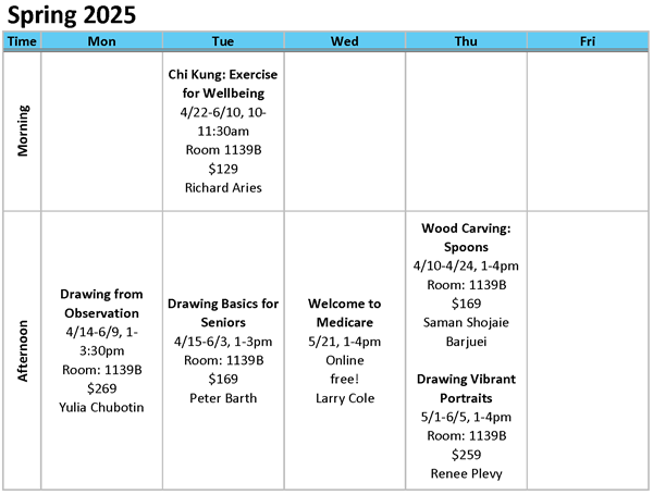 Spring 2025 calendar for Broadway Hill Club classes - 5 named with basic info 