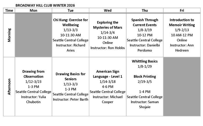 Broadway Hill Club calendar for Winter 2026