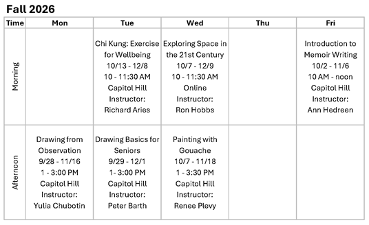 Fall 2026 calendar listing class titles, dates, times, locations and instructors for classes.