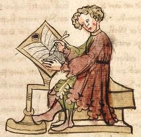 Painting of person writing on paper with pen and ink in clothing that might be Medieval European.