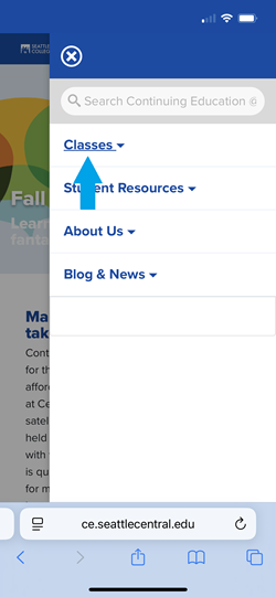 Mobile MENU with arrow to CLASSES>