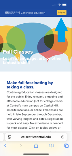 Screenshot of website on mobile device with blue arrow pointing at orange Menu button in upper right side.