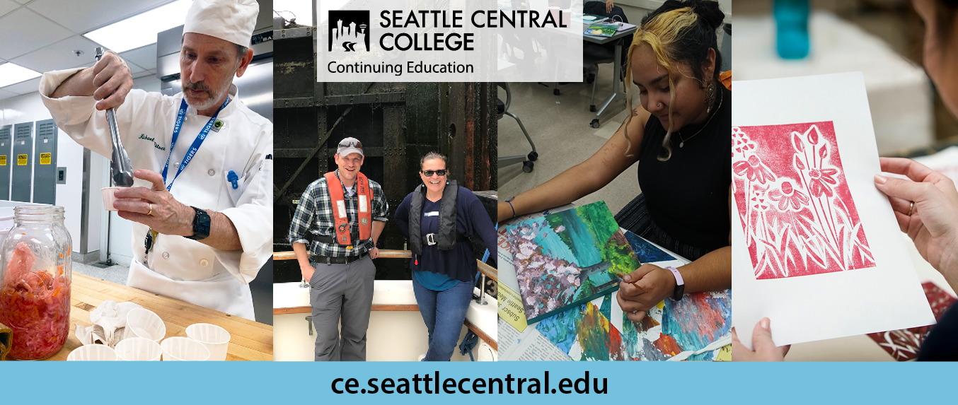Left to right: person wearing chef garb uses tongs with jar of sauerkraut; two people in life vests stand at front of boat in front of the Ballard Locks; woman paints cherry blossom tree; person holds print of flowers in red ink.