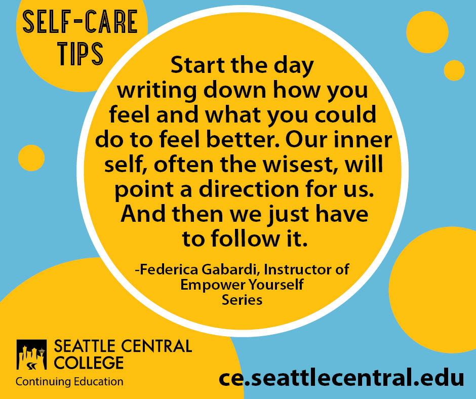 Federica Gabardi quote, self care - Continuing Education at Seattle Central College