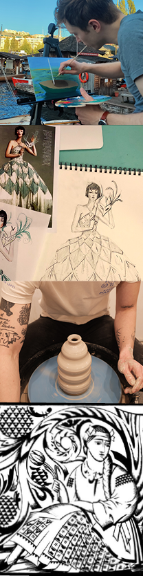 Vertical banner of photos: man painting outdoors, fashion drawings, person at potter's wheel, black ink drawing of woman sitting